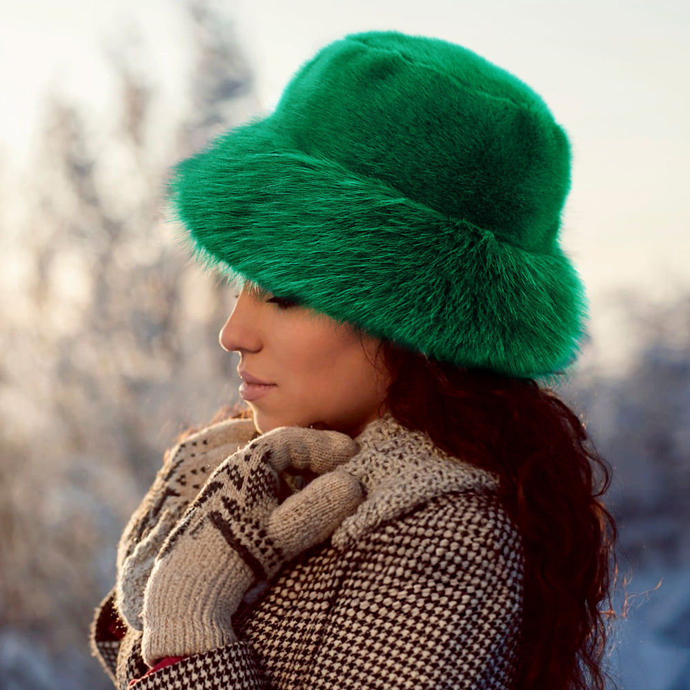 Madeline Love Green Faux Fur Russian Style Plush Bucket Hat - Hats