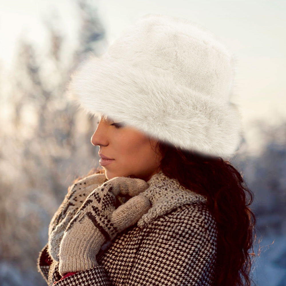 Madeline Love Ivory Faux Fur Russian Style Plush Bucket Hat - Hats