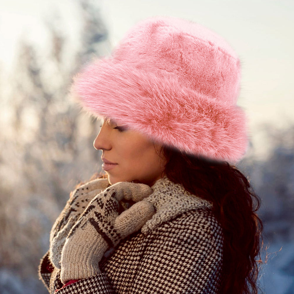 Madeline Love Pink Faux Fur Russian Style Plush Bucket Hat - Hats