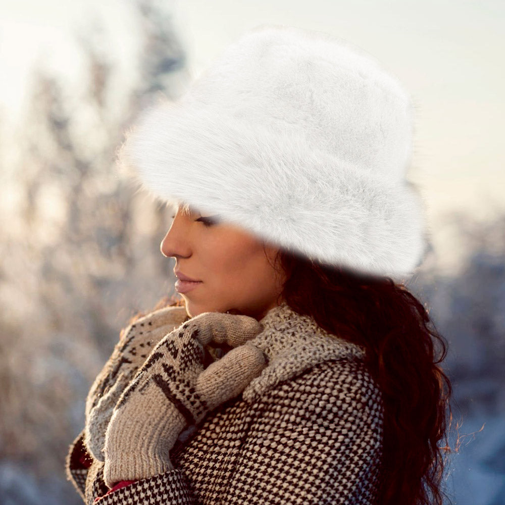 Madeline Love White Faux Fur Russian Style Plush Bucket Hat - Hats