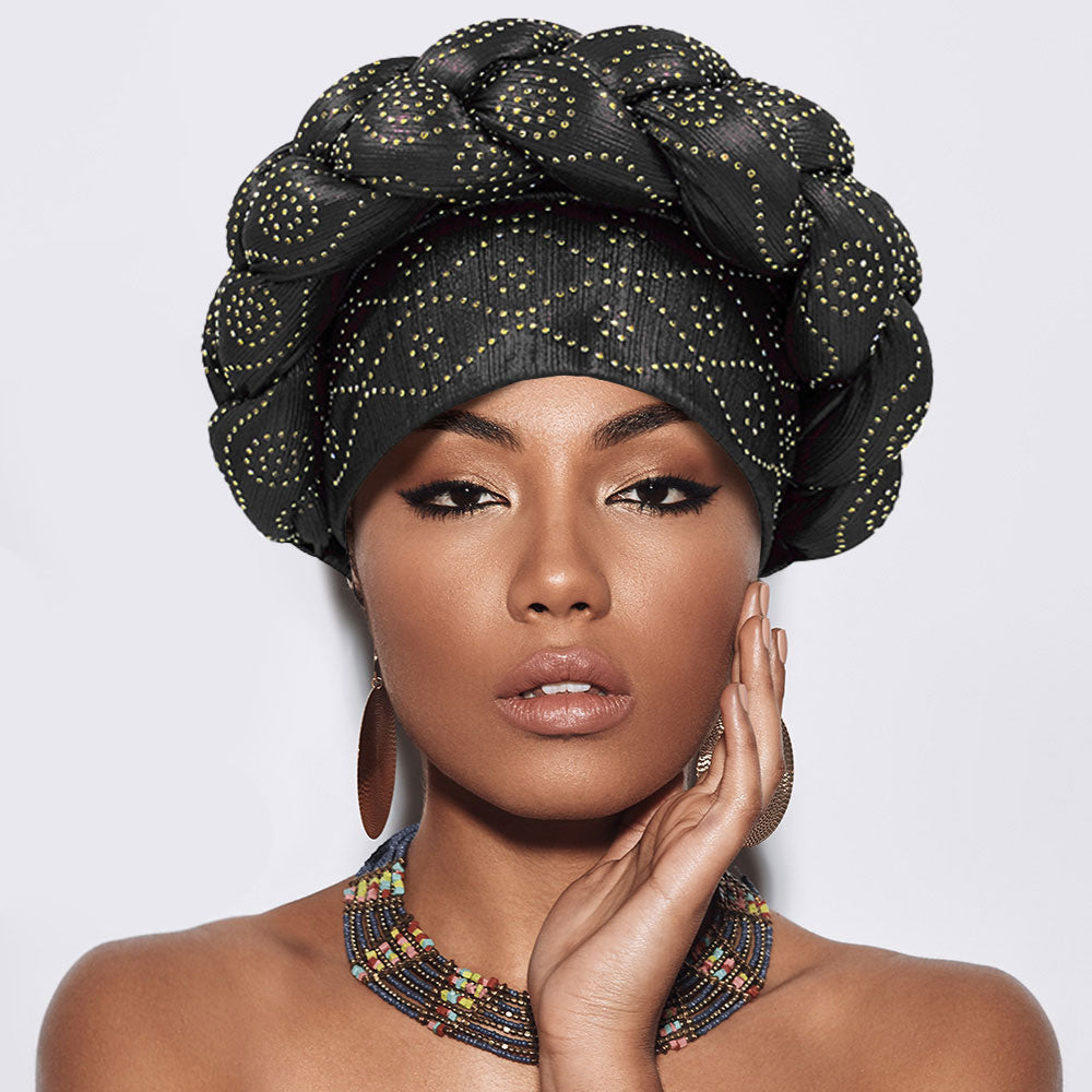 Madeline Love Black Bling Studded Braided Turban Hat - Hair Accessories