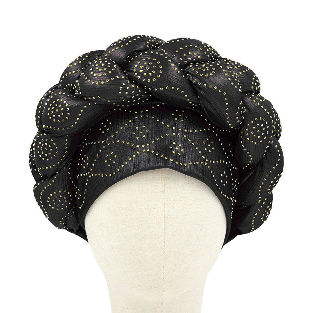 Madeline Love Black Bling Studded Braided Turban Hat - Hair Accessories - desc