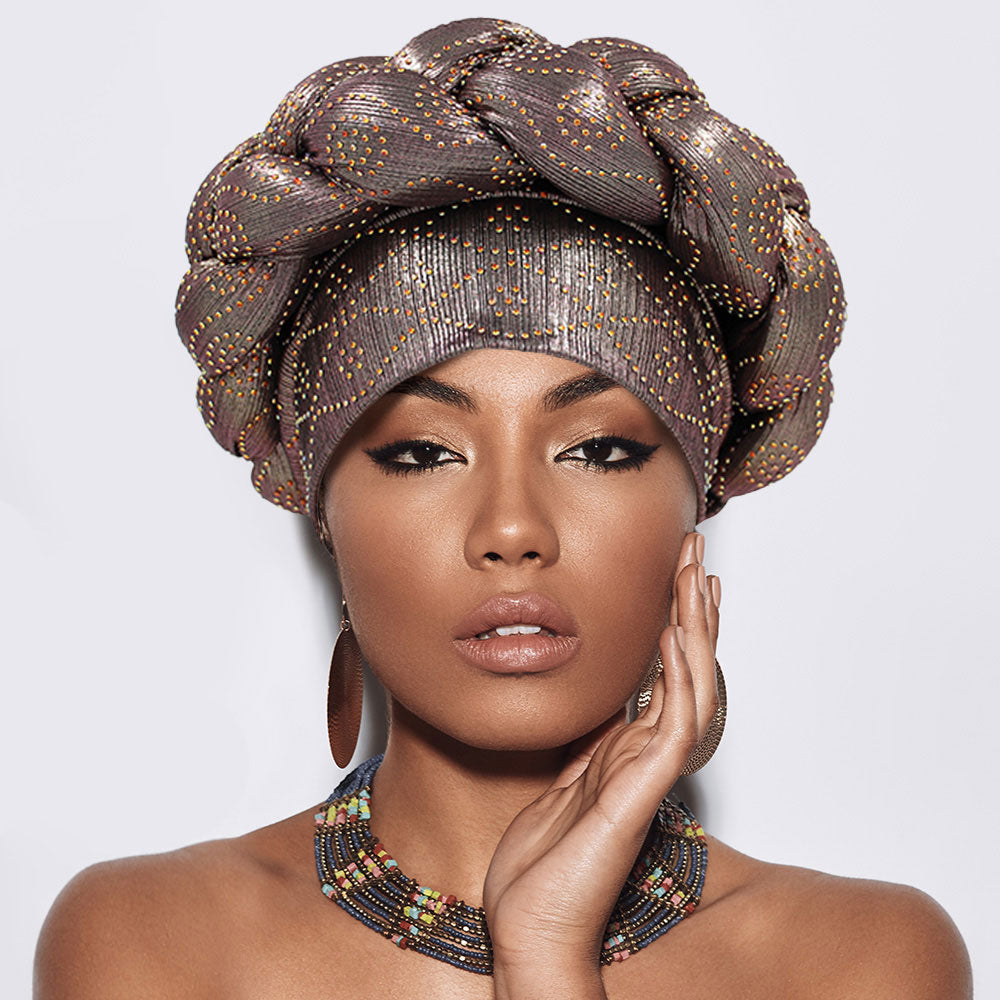 Madeline Love Peach Bling Studded Braided Turban Hat - Hair Accessories