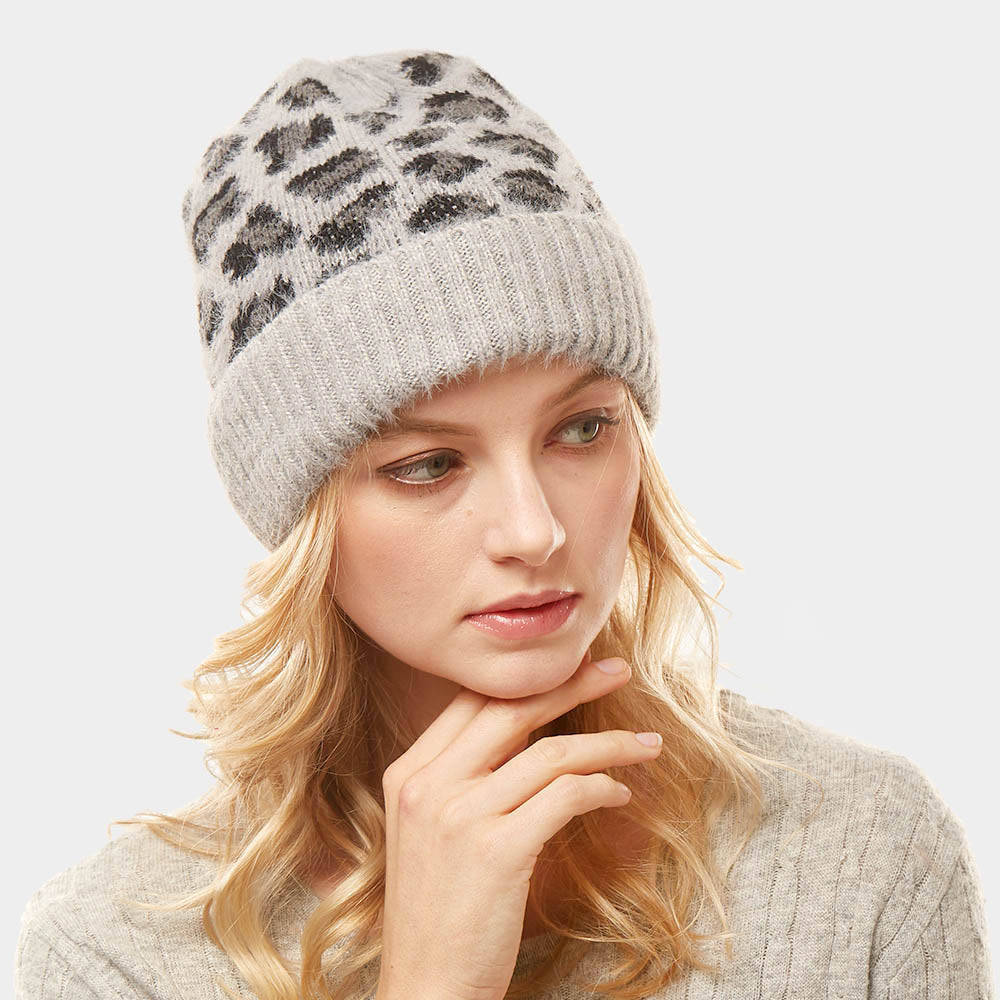 Gray Leopard Pattern Beanie Hat