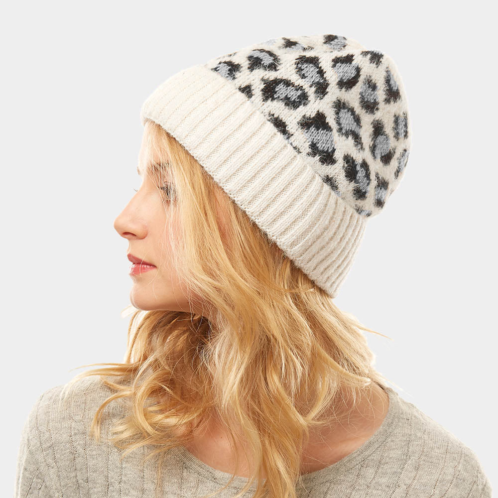 Ivory Leopard Pattern Beanie Hat