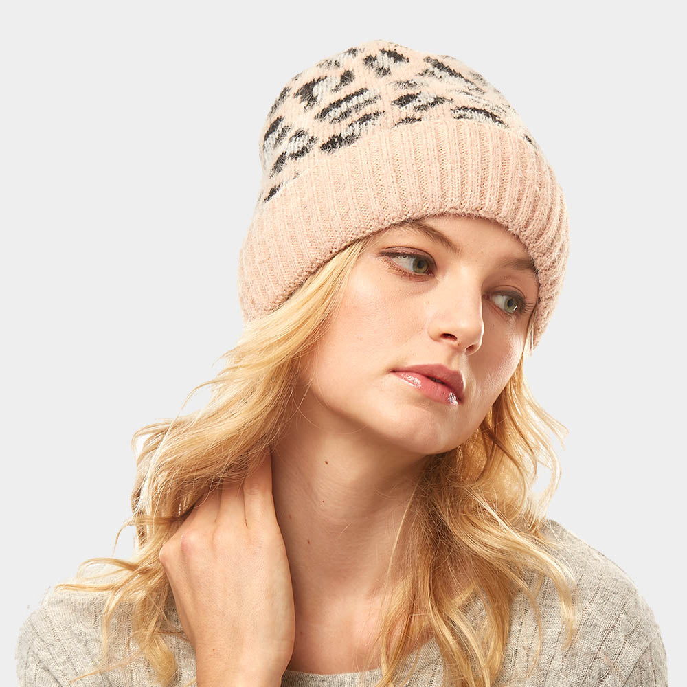 Pink Leopard Pattern Beanie Hat