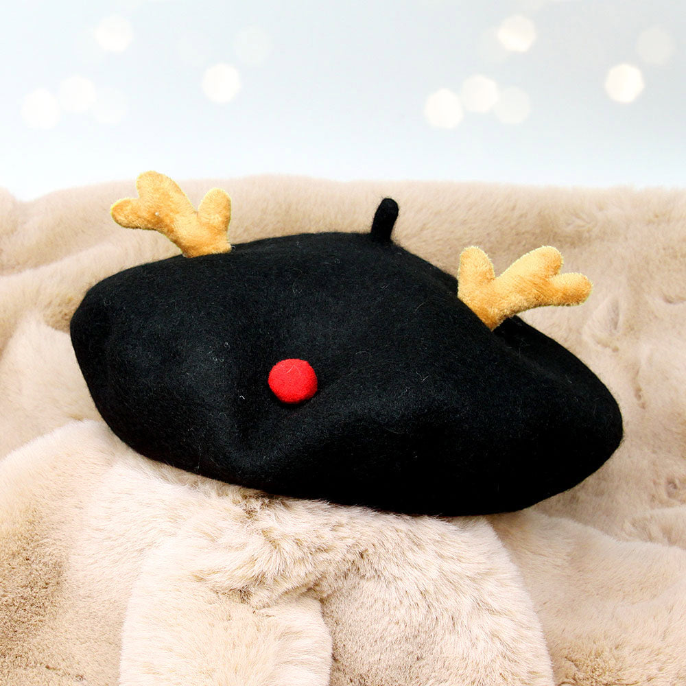 Madeline Love Black Wool Blended Christmas Rudolph Pointed Beret Hat - Hats