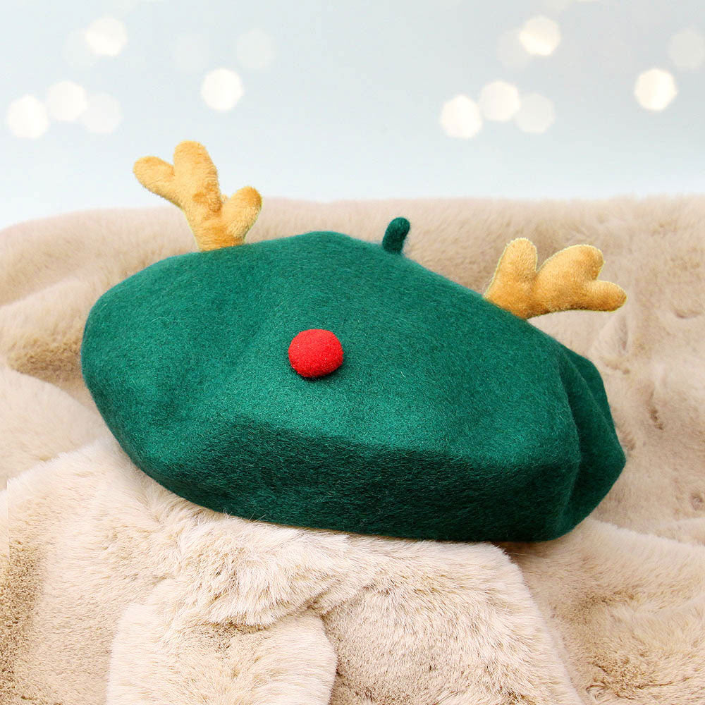 Madeline Love Green Wool Blended Christmas Rudolph Pointed Beret Hat - Hats