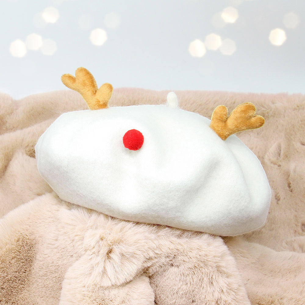 Madeline Love White Wool Blended Christmas Rudolph Pointed Beret Hat - Hats