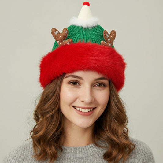Green Fuzzy Fur Antlers Accent Christmas Knit Beanie Hat