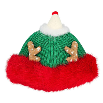 Green Fuzzy Fur Antlers Accent Christmas Knit Beanie Hat