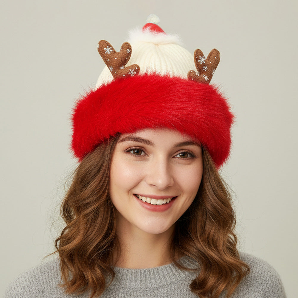 White Fuzzy Fur Antlers Accent Christmas Knit Beanie Hat