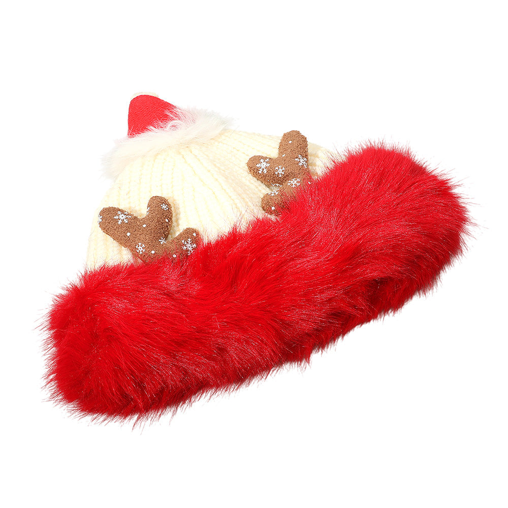 White Fuzzy Fur Antlers Accent Christmas Knit Beanie Hat