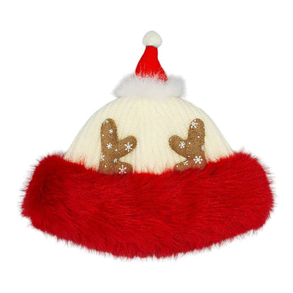 White Fuzzy Fur Antlers Accent Christmas Knit Beanie Hat
