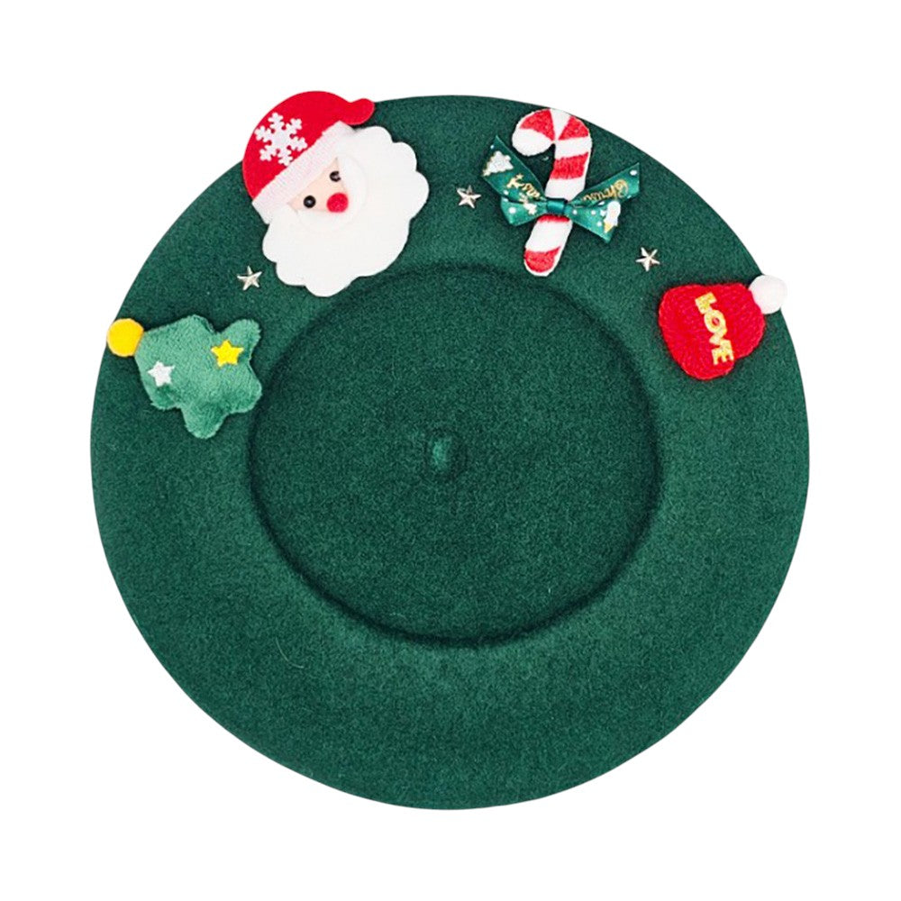 Festive Christmas beret hat featuring a cheerful Santa design, candy cane, and holiday-themed details. A playful accessory perfect for parties, gatherings, and seasonal outfits. Add charm and holiday cheer to your winter look with this fun Christmas hat, ideal for gifting or festive celebrations.