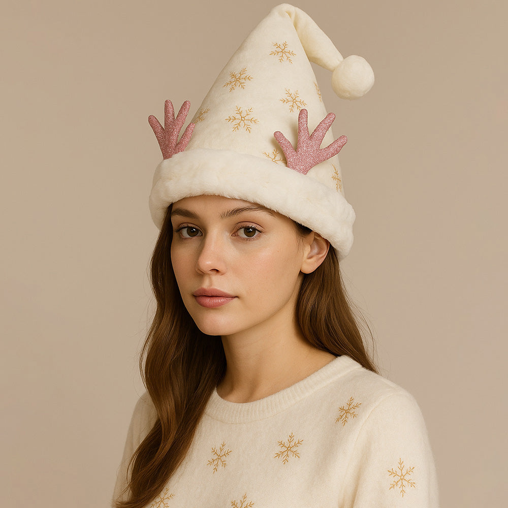 Gold Fluffy Christmas Antler Accent Sequin Snowflake Pattern Santa Hat