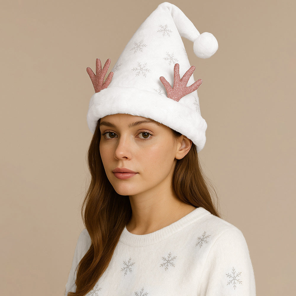Rhodium Fluffy Christmas Antler Accent Sequin Snowflake Pattern Santa Hat