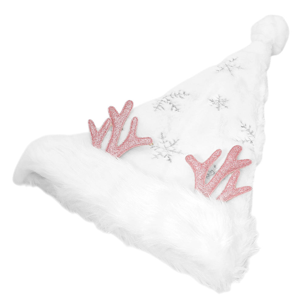Rhodium Fluffy Christmas Antler Accent Sequin Snowflake Pattern Santa Hat