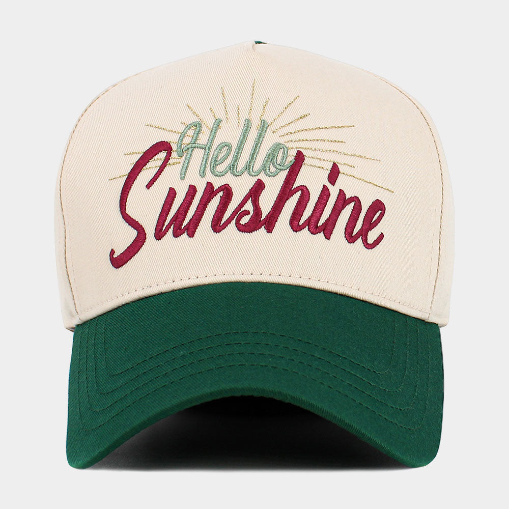 Madeline Love Dark, Green HELLO SUNSHINE Message Embroidered Corduroy Baseball Cap - Hats