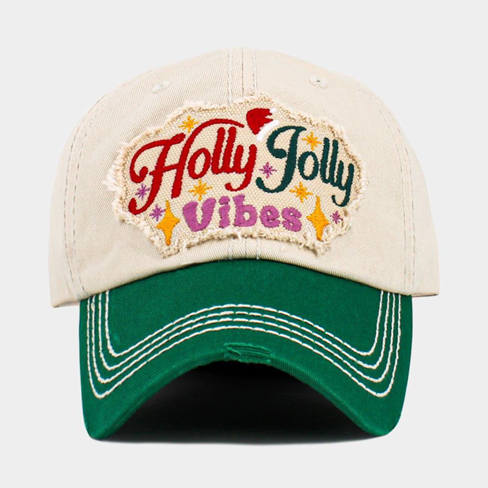 Madeline Love Green, Neutral HOLLY JOLLY Vibes Message Embroidered Christmas Vintage Baseball Cap - Hats