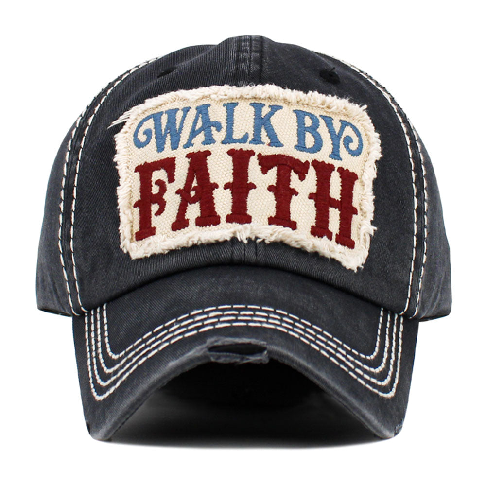 Madeline Love Black WALK BY FAITH Message Patch Vintage Baseball Cap - Hats - desc