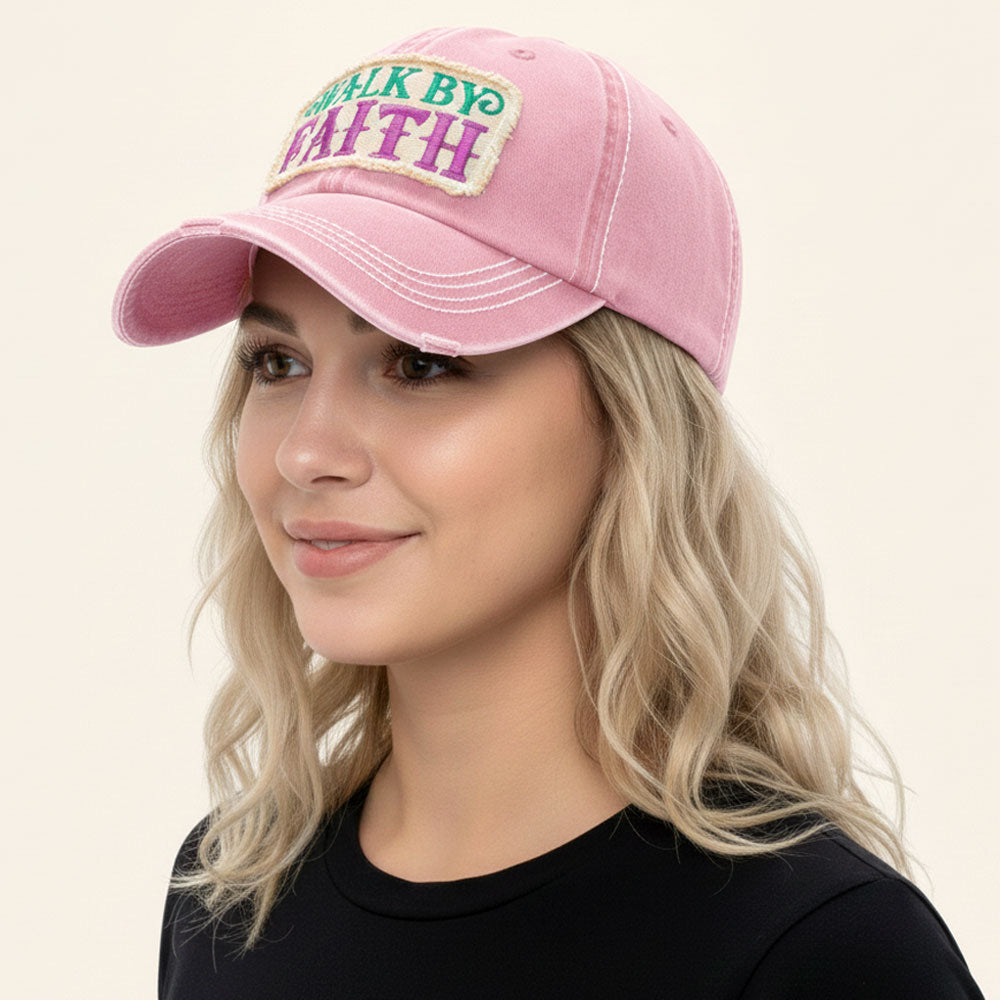 Madeline Love Pink WALK BY FAITH Message Patch Vintage Baseball Cap - Hats