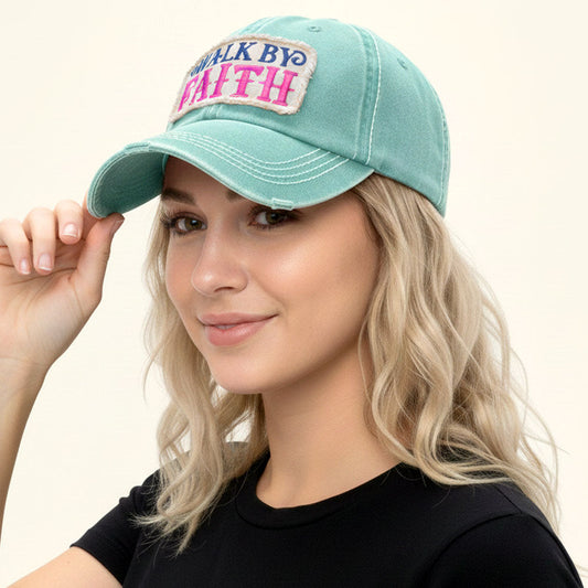 Madeline Love Green WALK BY FAITH Message Patch Vintage Baseball Cap - Hats