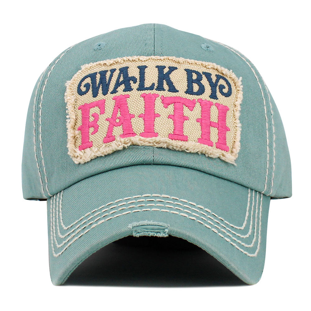 Madeline Love Green WALK BY FAITH Message Patch Vintage Baseball Cap - Hats - desc