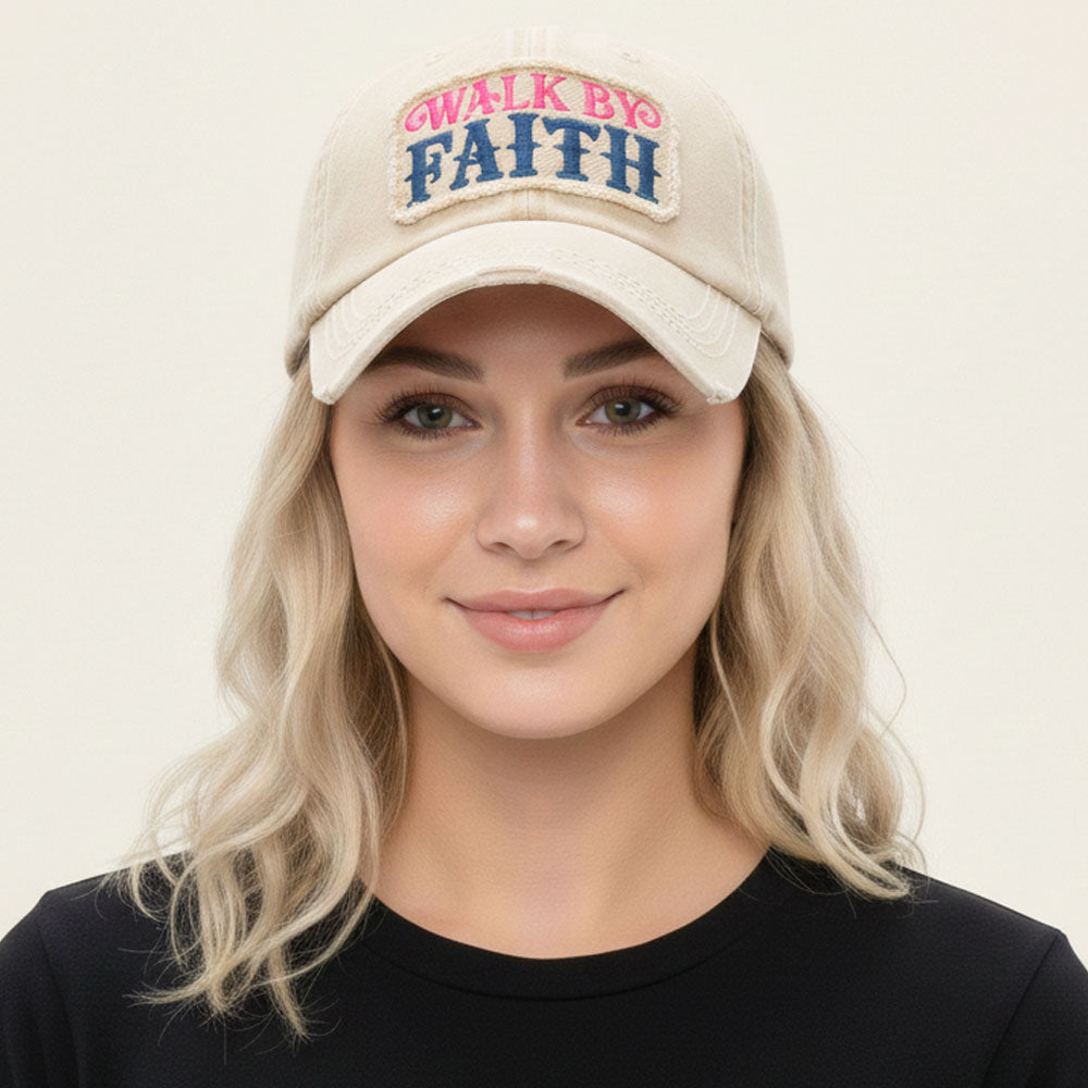 Madeline Love Beige WALK BY FAITH Message Patch Vintage Baseball Cap - Hats
