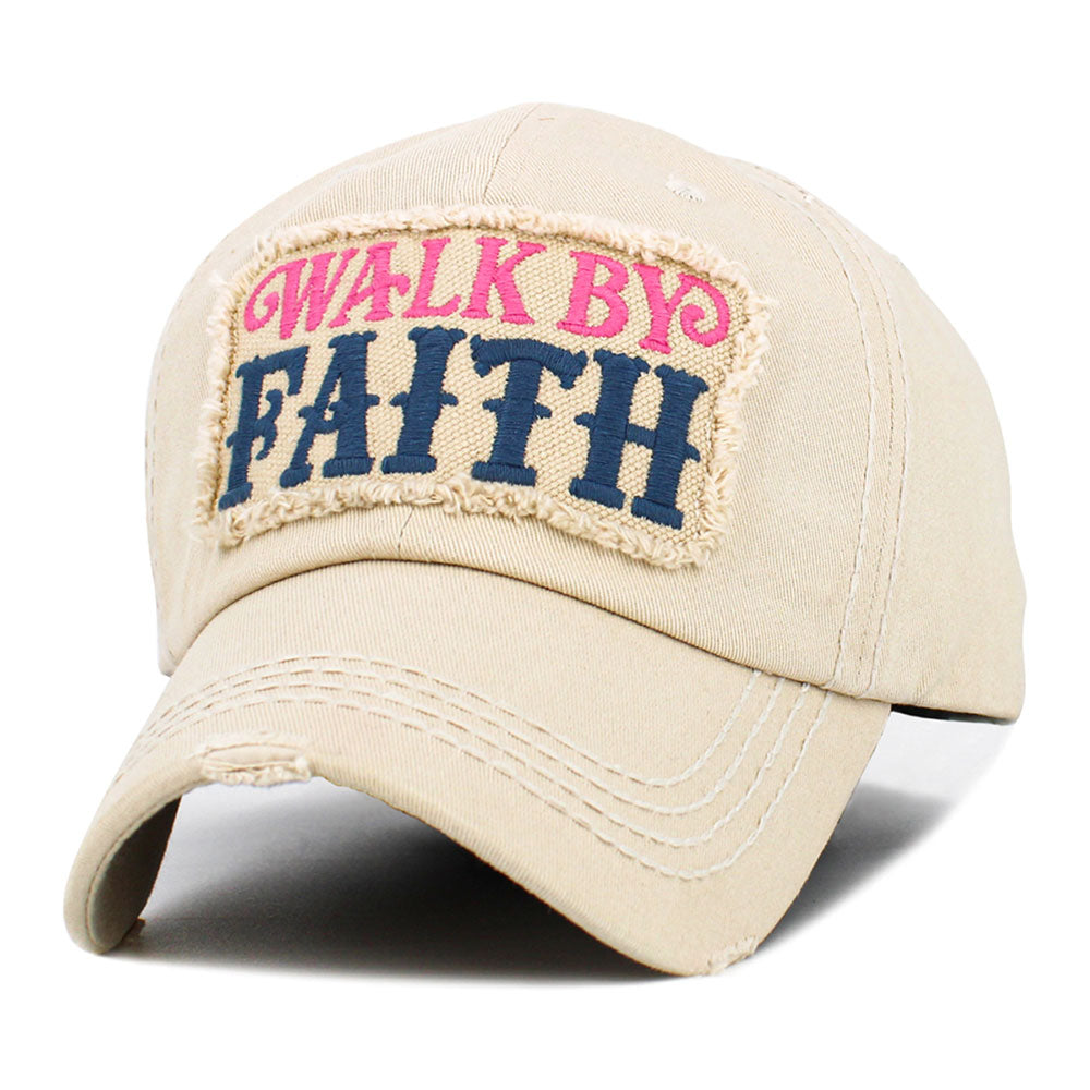 Madeline Love Beige WALK BY FAITH Message Patch Vintage Baseball Cap - Hats - extra