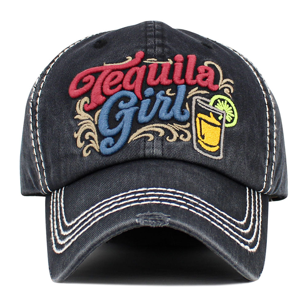 Madeline Love Black TEQUILA GIRL Embroidered Vintage Baseball Cap - Hats - desc