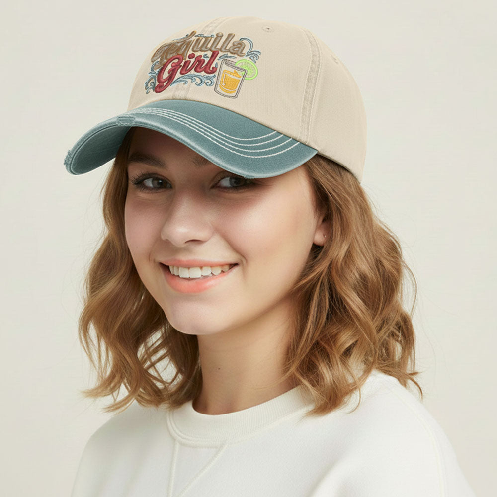 Madeline Love Green, Neutral TEQUILA GIRL Embroidered Vintage Baseball Cap - Hats