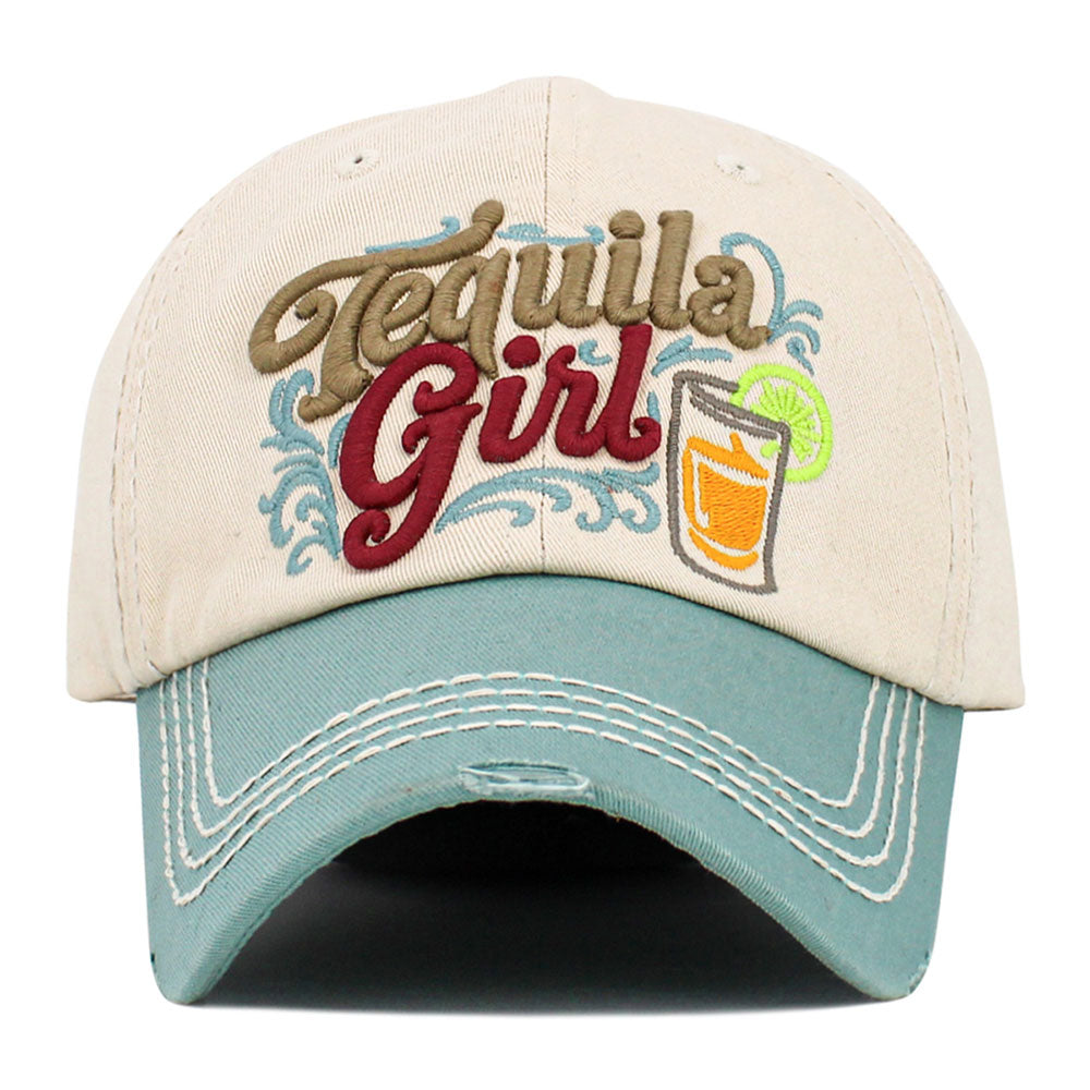 Madeline Love Green, Neutral TEQUILA GIRL Embroidered Vintage Baseball Cap - Hats - desc
