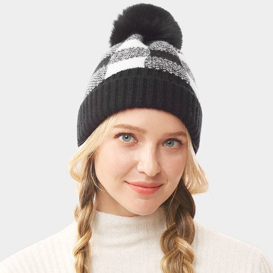 Black Buffalo Check Knit Pom Pom Beanie Hat