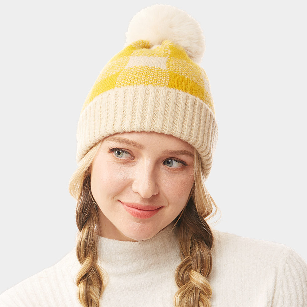 Mustard Buffalo Check Knit Pom Pom Beanie Hat