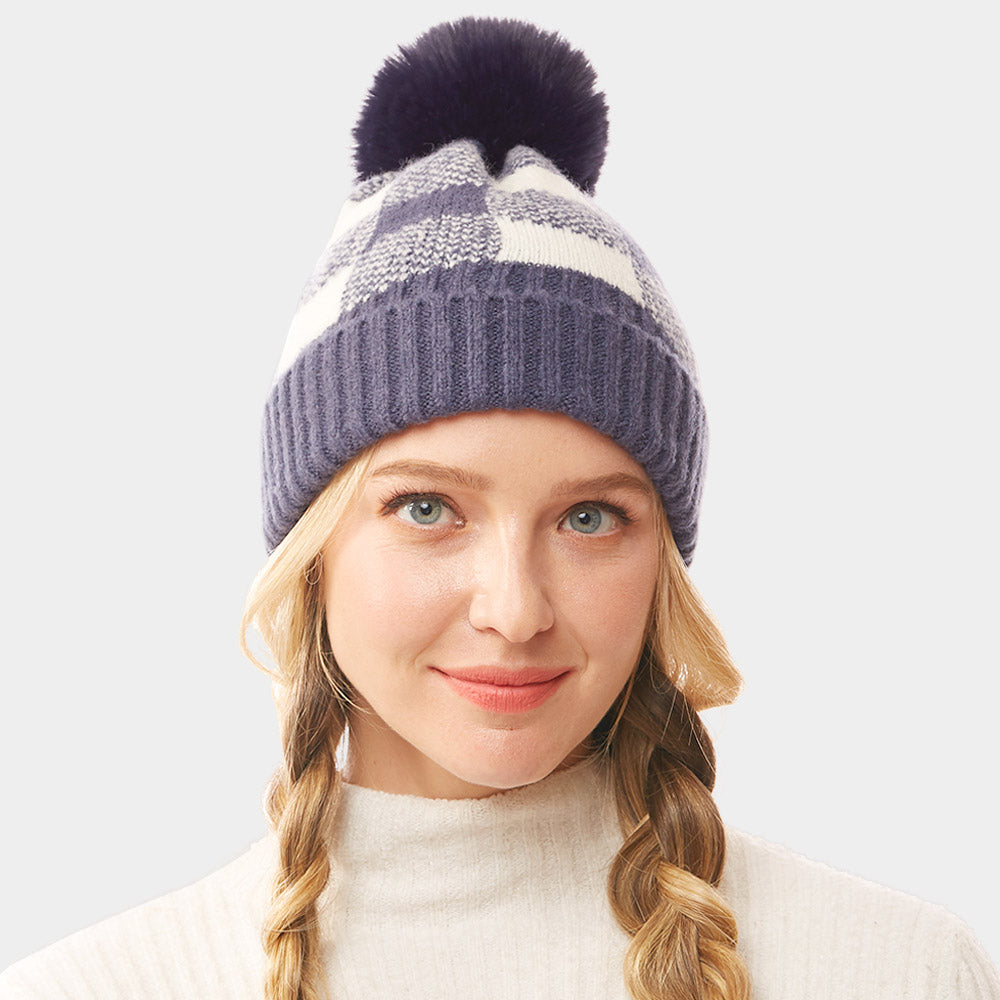 Navy Buffalo Check Knit Pom Pom Beanie Hat