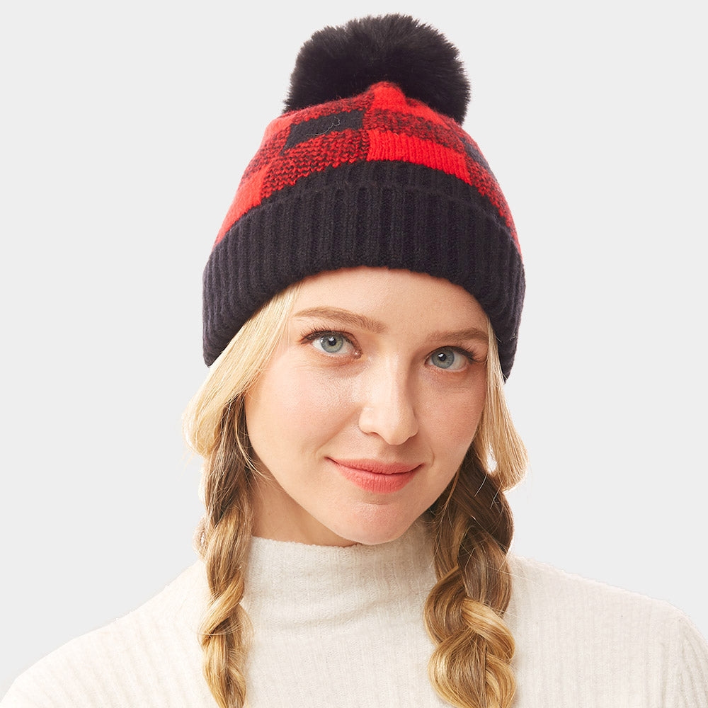 Red Buffalo Check Knit Pom Pom Beanie Hat