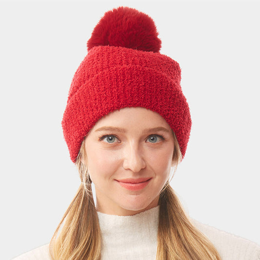 Burgundy Solid Pom Pom Soft Fluffy Beanie Hat