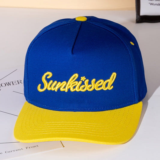 Madeline Love Blue, Yellow SUNKISSED Message Embroidered Five Panel Canvas Snapback Baseball Cap - Hats