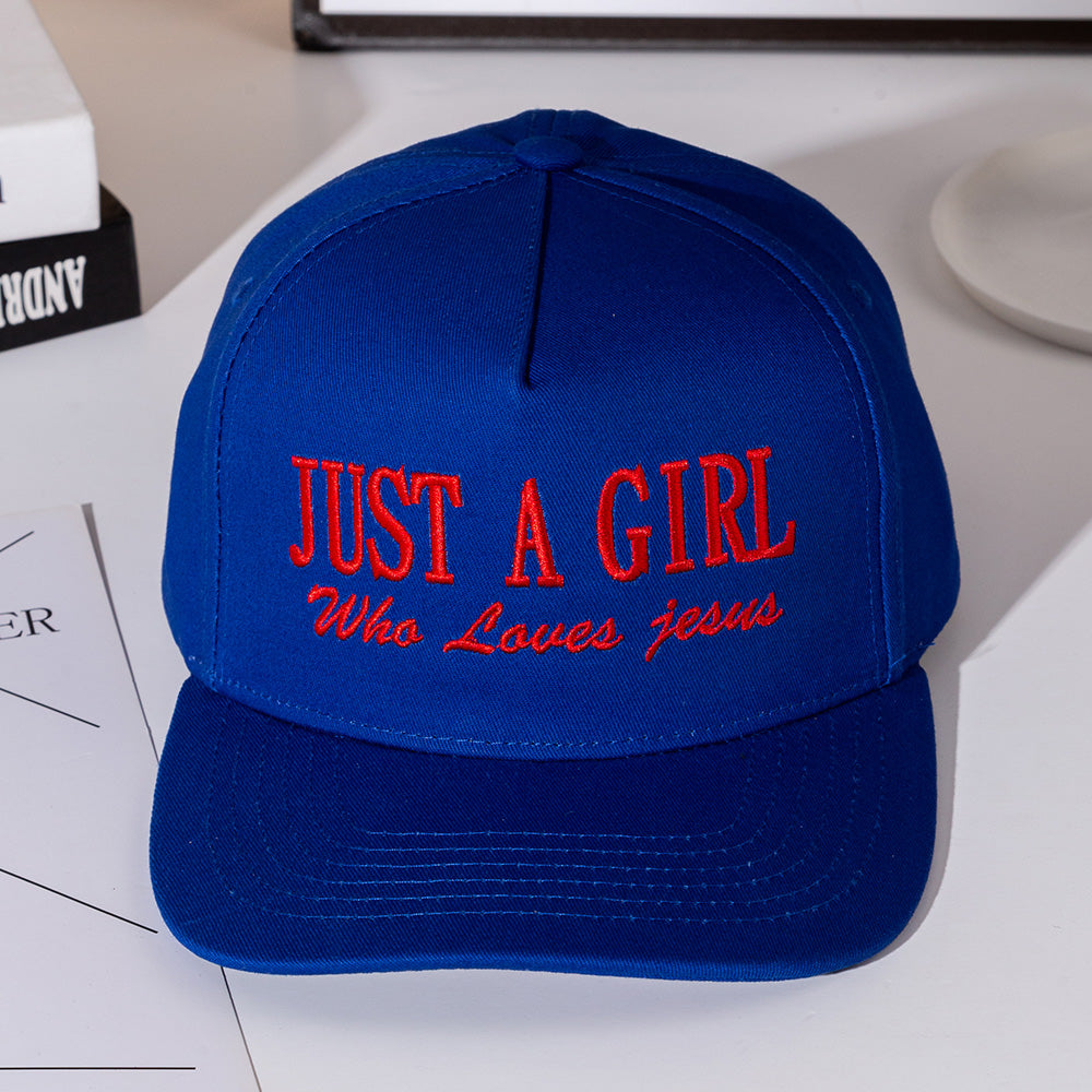 Madeline Love Blue JUST A GIRL Message Embroidered Five Panel Canvas Snapback Baseball Cap - Hats