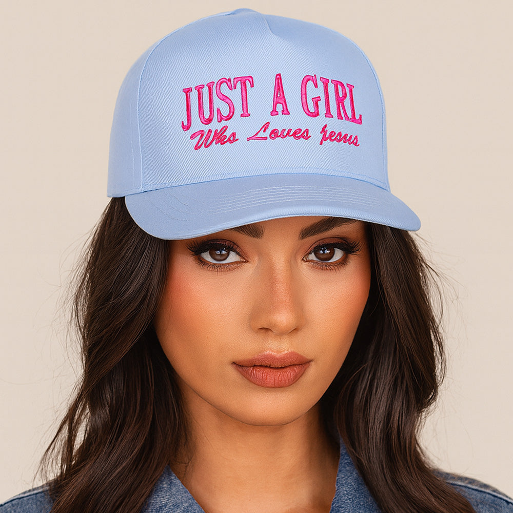 Madeline Love Light Blue JUST A GIRL Message Embroidered Five Panel Canvas Snapback Baseball Cap - Hats