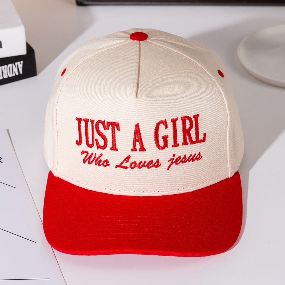 Madeline Love Red JUST A GIRL Message Embroidered Five Panel Canvas Snapback Baseball Cap - Hats