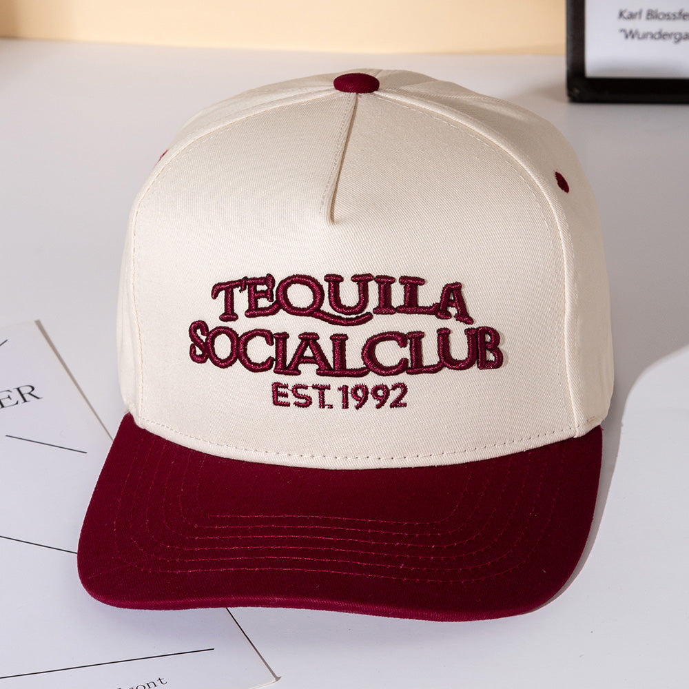 Madeline Love Burgundy TEQUILA SOCIAL CLUB Message Embroidered Five Panel Canvas Snapback Baseball Cap - Hats