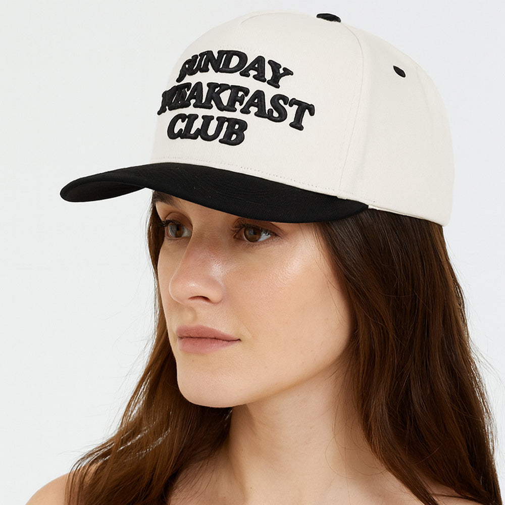 Madeline Love Black SUNDAY BREAKFAST CLUB Message Embroidered Five Panel Canvas Snapback Baseball Cap - Hats