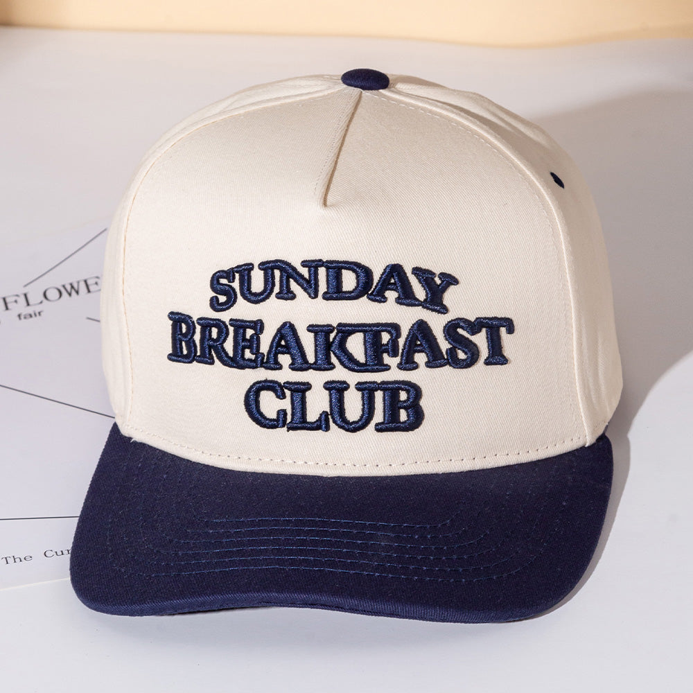 Madeline Love Navy SUNDAY BREAKFAST CLUB Message Embroidered Five Panel Canvas Snapback Baseball Cap - Hats