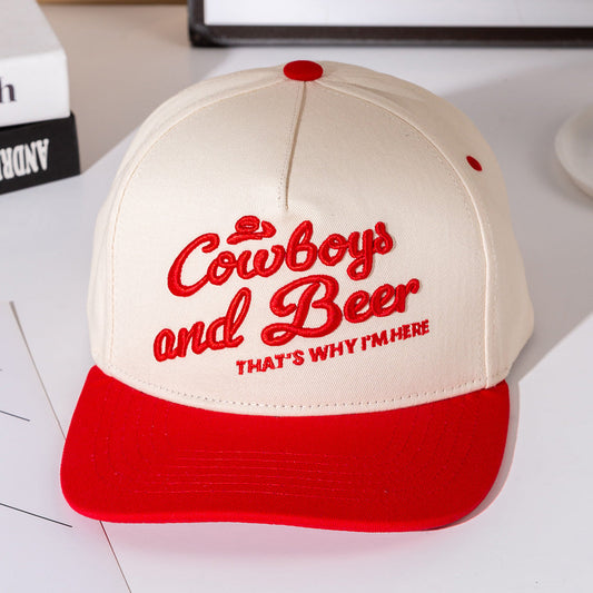 Madeline Love Red COWBOY AND BEER Message Embroidered Five Panel Canvas Snapback Baseball Cap - Hats