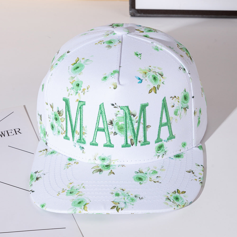 Madeline Love Green MAMA Floral Embroidered Five Panel Canvas Snapback Baseball Cap - Hats