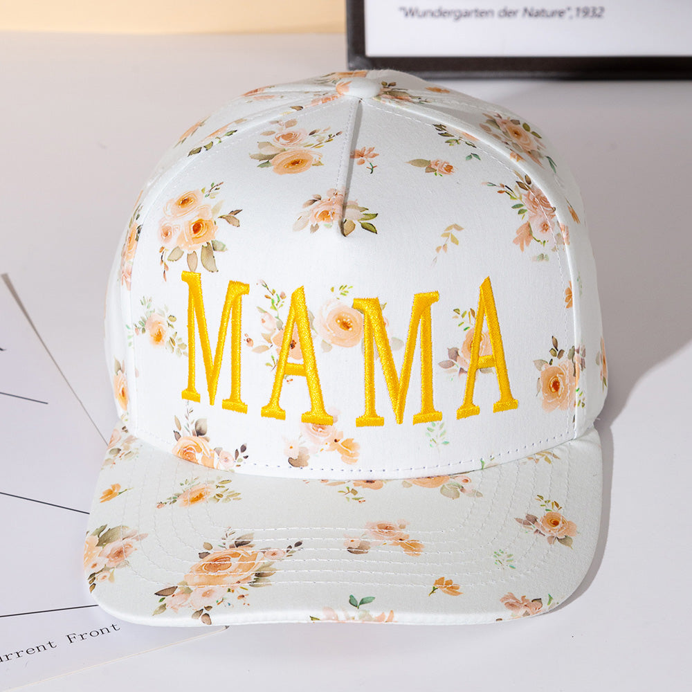Madeline Love Yellow MAMA Floral Embroidered Five Panel Canvas Snapback Baseball Cap - Hats
