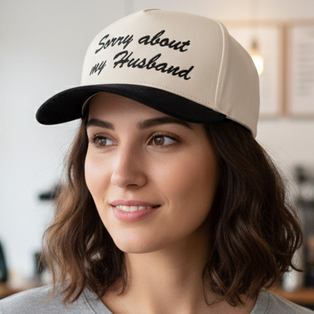 Madeline Love Black SORRY ABOUT MY HUSBAND Message Embroidered Five Panel Canvas Snapback Baseball Cap - Hats