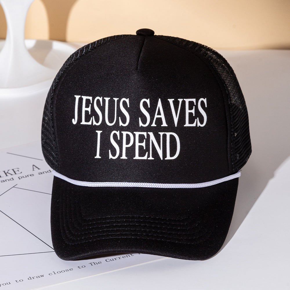 Madeline Love Black JESUS SAVES I SPEND Message Printed Five Panel Mesh Back Trucker Hat - Hats